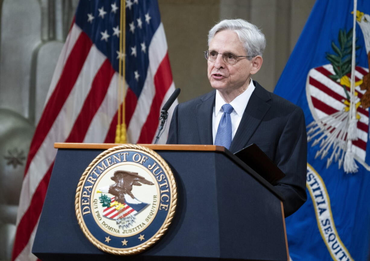 President Joe Biden&#039;s pick for attorney general Merrick Garland, addresses staff on his first day at the Department of Justice, Thursday, March 11, 2021,  in Washington. Garland, a one time Supreme Court nominee under President Obama, was confirmed Wednesday by a Senate and will be sworn in later today.