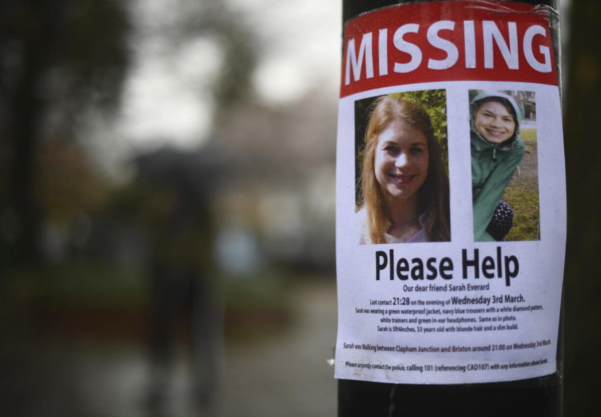 A missing sign outside Poynders Court on the A205 in Clapham, London Wednesday March 10, 2021 during the continuing search for Sarah Everard who has been missing for a week. The 33-year-old disappeared on Wednesday March 3 after leaving a friend&#039;s house in Clapham, south London, and began walking to her home in Brixton. The Met Police have said that a serving diplomatic protection officer is being held over the disappearance of Sarah Everard. The officer being held is understood to be the subject of a separate allegation of indecent exposure.