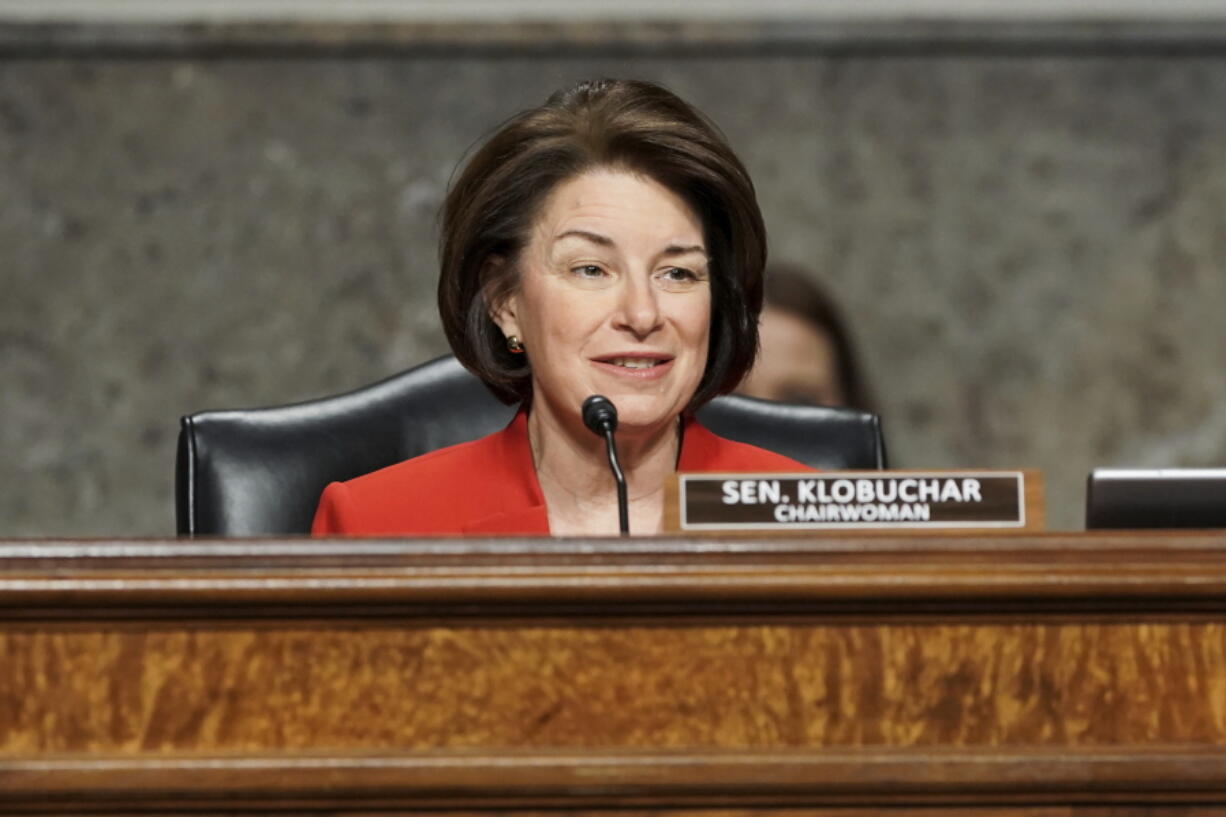 Sen. Amy Klobuchar, D-Minn., speaks during a Senate Committee on Homeland Security and Governmental Affairs and Senate Committee on Rules and Administration joint hearing Wednesday, March 3, 2021, examining the January 6, attack on the U.S. Capitol in Washington.