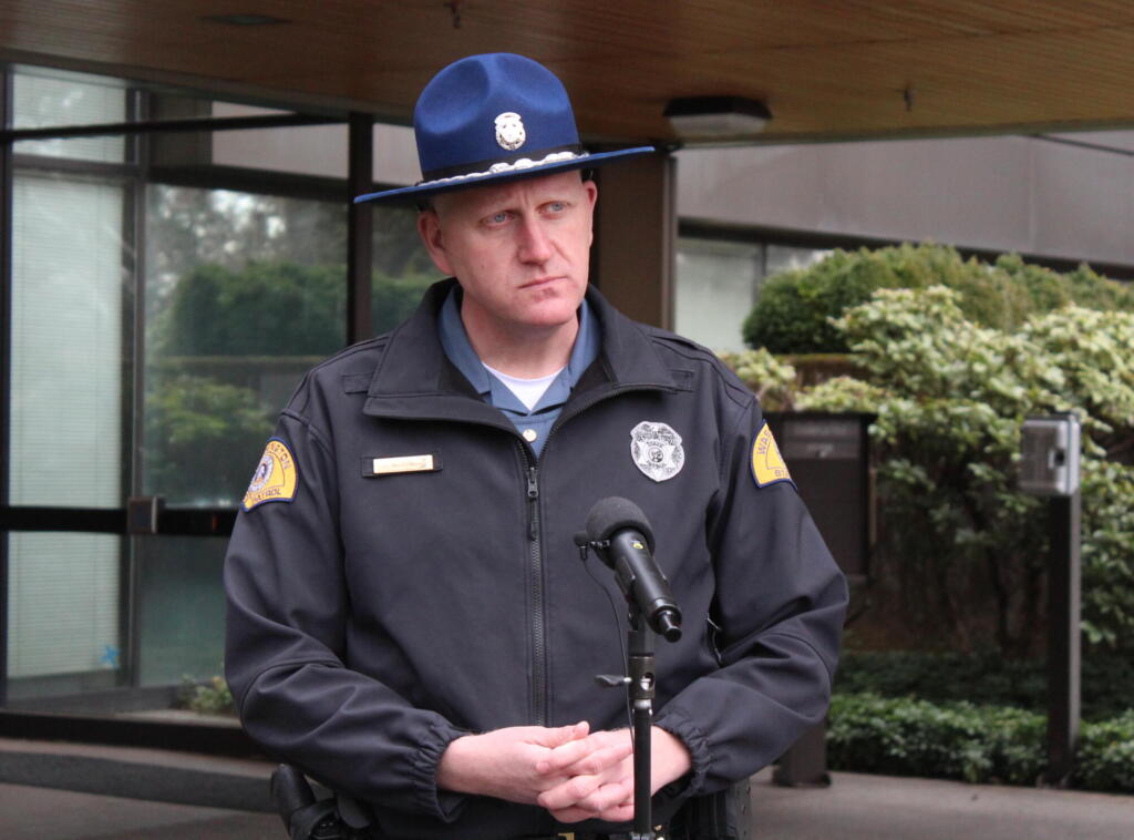 Washington State Patrol Trooper Will Finn provided an update Tuesday, at agency’s headquarters in Vancouver, on an incident involving a 45-year-old Yacolt woman who jumped out of a Clark County sheriff’s deputy’s vehicle as it traveled southbound on Interstate 5 near Ridgefield. The woman, Sara Gottwig-Carr, is in critical condition at PeaceHealth Southwest Medical Center.