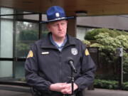 Washington State Patrol Trooper Will Finn provided an update Tuesday, at agency’s headquarters in Vancouver, on an incident involving a 45-year-old Yacolt woman who jumped out of a Clark County sheriff’s deputy’s vehicle as it traveled southbound on Interstate 5 near Ridgefield. The woman, Sara Gottwig-Carr, is in critical condition at PeaceHealth Southwest Medical Center.