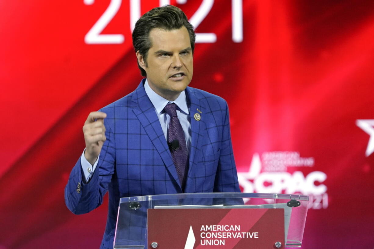 FILE - In this Feb. 26, 2021, file photo Rep. Matt Gaetz, R-Fla.,, speaks at the Conservative Political Action Conference (CPAC) in Orlando, Fla.