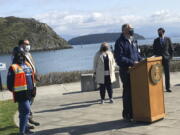 Washington Gov. Jay Inslee urges the passage of House Bill 1091 and Senate Bill 5126, which would address the increasing effects of climate change, Tuesday, March 30, 2021, at Seafarers&#039; Memorial Park in Anacortes, Wash.