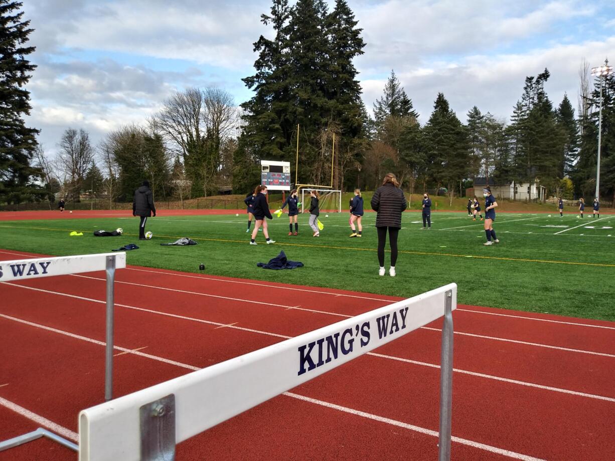 The King's Way Christian girls soccer team warms up prior to their 1A district soccer playoff match against Hoquiam on Monday, March 15, 2021 (Tim Martinez/The Columbian)