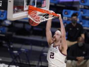 Gonzaga forward Drew Timme (2) dunks against Creighton in the second half of a Sweet 16 game in the NCAA men&#039;s college basketball tournament at Hinkle Fieldhouse in Indianapolis, Sunday, March 28, 2021.