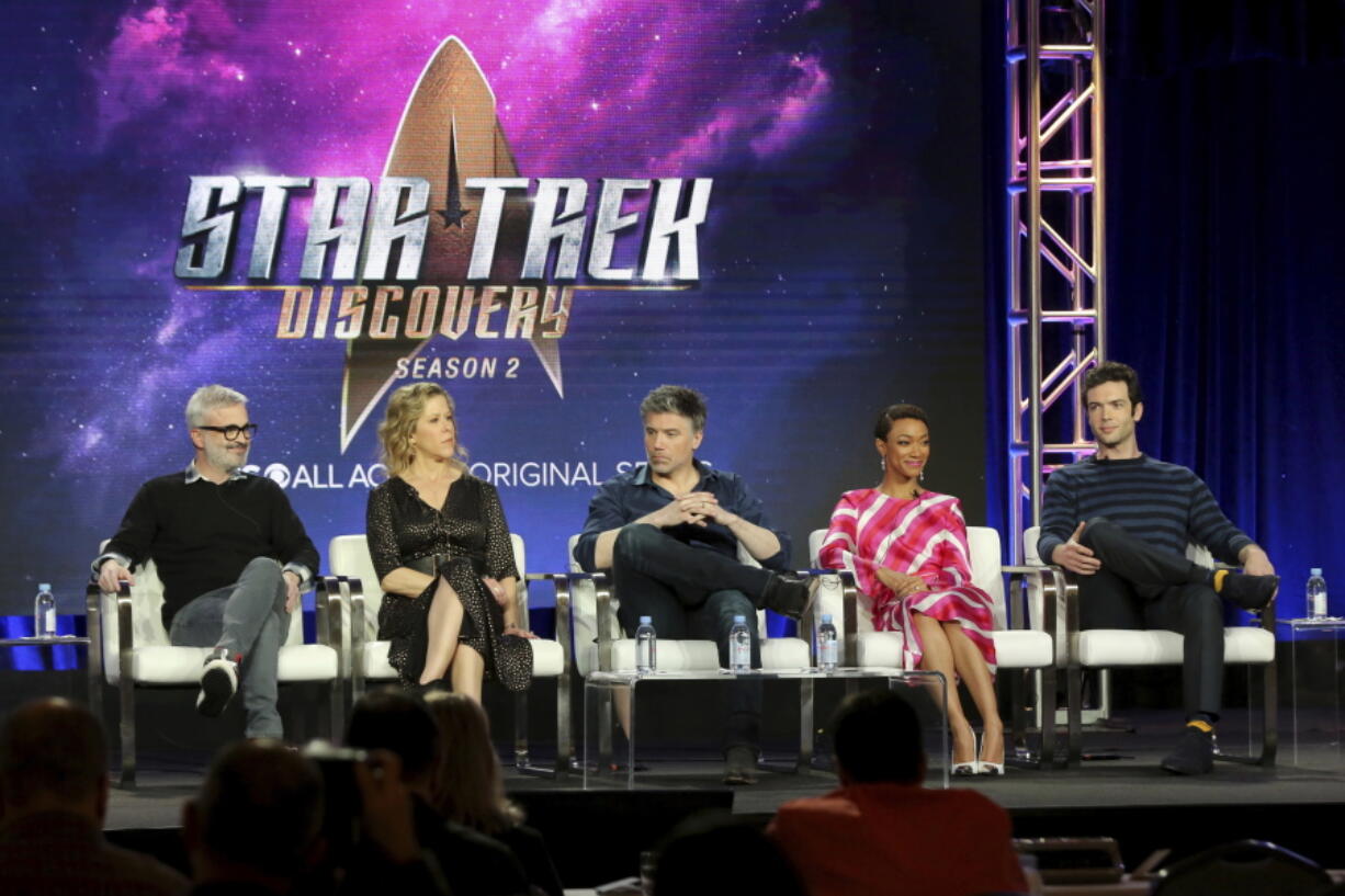 FILE - In this Jan. 30, 2019 file photo, Alex Kurtzman, from left, Heather Kadin, Anson Mount, Sonequa Martin-Green and Ethan Peck participate in the &quot;Star Trek: Discovery&quot; show panel during the CBS All Access presentation at the Television Critics Association Winter Press Tour at The Langham Huntington in Pasadena, Calif. Paramount+ debuts Thursday, March 4, 2021 as the latest -- and last -- streaming option from a major media company, this time from ViacomCBS.