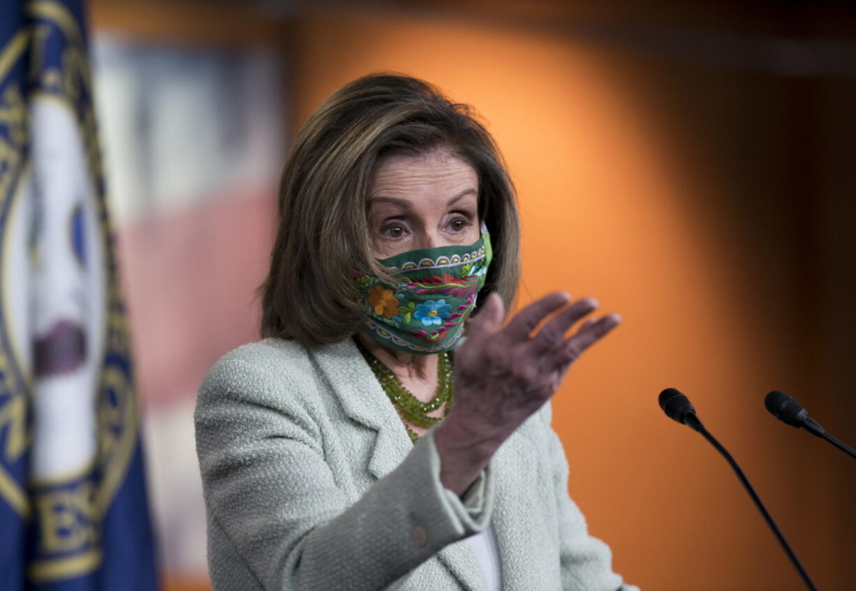 Speaker of the House Nancy Pelosi, D-Calif., the top Democrat in Congress, meets with reporters the day after advancing sweeping voting and ethics legislation, and passing the George Floyd Justice in Policing Act, at the Capitol in Washington, Thursday, March 4, 2021. Pelosi also said the National Guard troops protecting the Capitol should stay as long as they are needed amid a new threat of another mob attack today. (AP Photo/J.