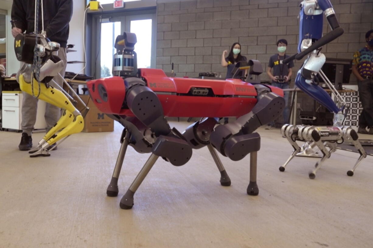 In a frame grab from video, robots walk across the floor of the University of Michigan&#039;s Ford Motor Co. Robotics Building, March 12, 2021 in Ann Arbor, Mich. The four-story, $75 million, 134,000-square-foot complex has three floors that house classrooms and research labs for robots that fly, walk, roll and augment the human body.