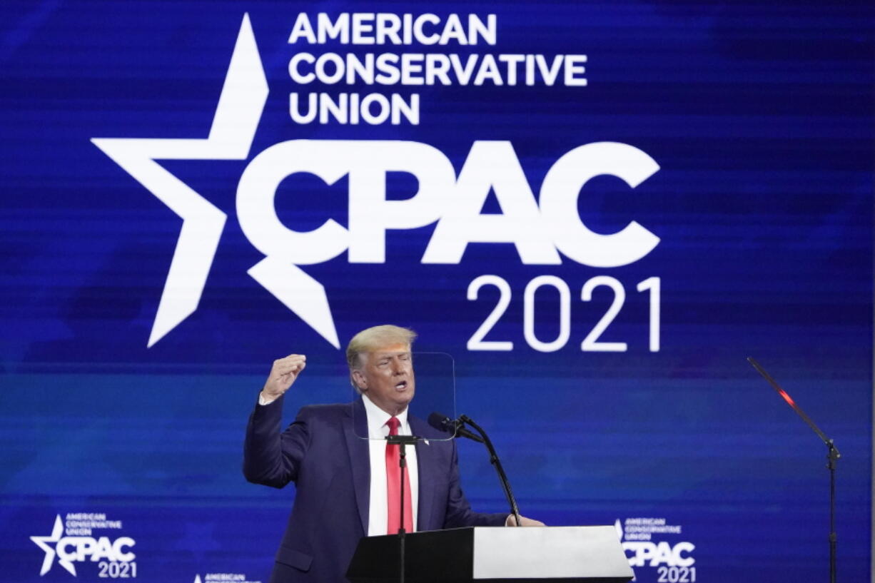 Former president Donald Trump speaks at the Conservative Political Action Conference (CPAC) Sunday, Feb. 28, 2021, in Orlando, Fla.