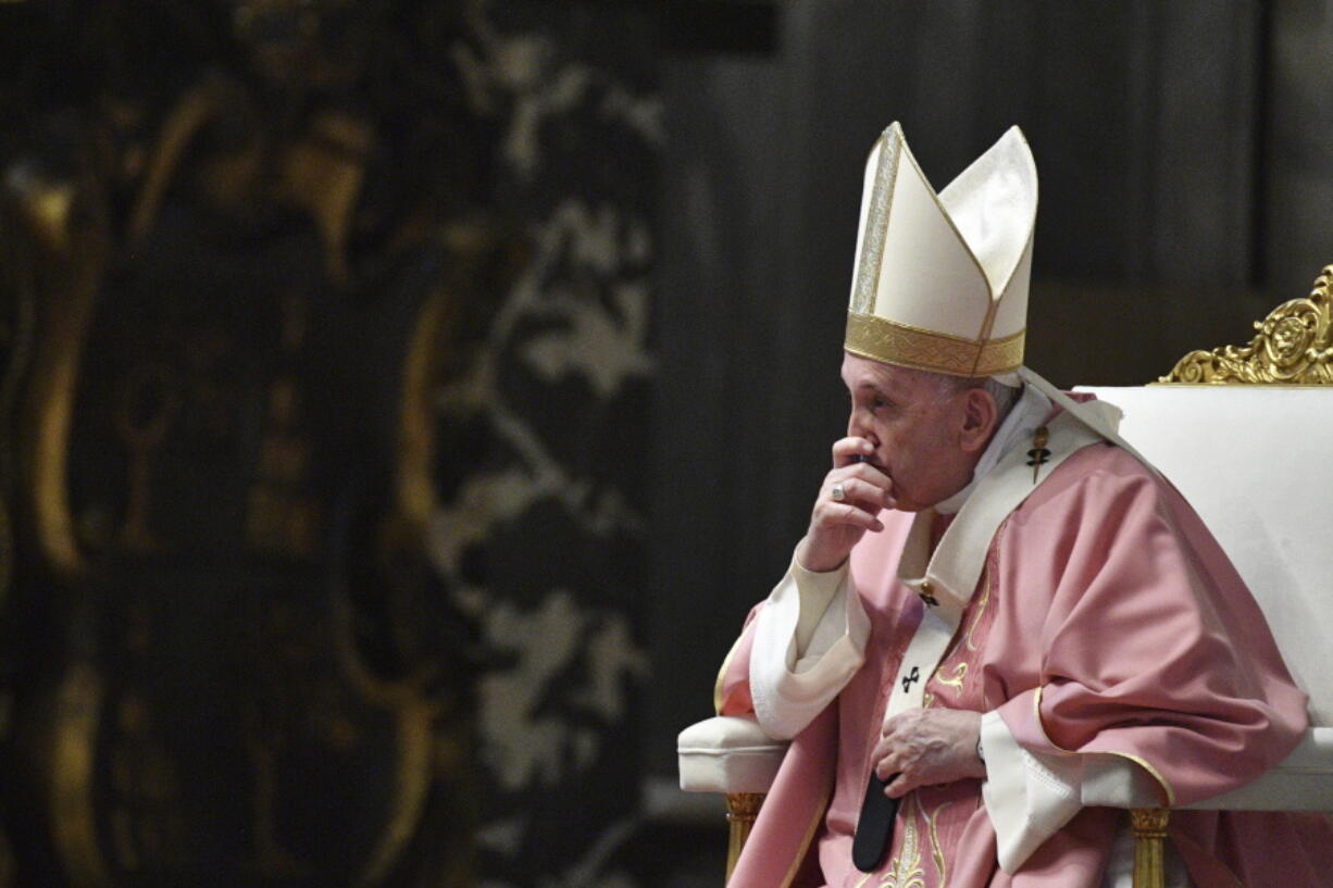 Pope Francis celebrates mass on the occasion of 500 years of Christianity in the Philippines, in St. Peter&#039;s Basilica, at the Vatican, Sunday, March 14, 2021.