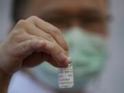 FILE - In this March 12, 2021, file photo, a health worker holds a bottle of AstraZeneca COVID-19 vaccine with name Thailand&#039;s Prime Minister Prayuth Chan-ocha written on it, at Bamrasnaradura Hospital in Bangkok, Thailand. In recent days, countries including Denmark, Ireland and Thailand have temporarily suspended their use of AstraZeneca&#039;s coronavirus vaccine after reports that some people who got a dose developed blood clots, even though there&#039;s no evidence that the shot was responsible. The European Medicines Agency and the World Health Organization say the data available do not suggest the vaccine caused the clots.