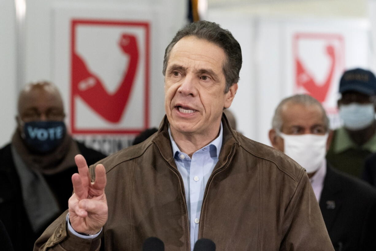 Gov. Andrew Cuomo speaks during a visit to a new COVID-19 vaccination site, Monday, March 15, 2021, at the State University of New York in Old Westbury, N.Y. The site is scheduled to open on Friday.