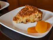 Coconut Apricot Macaroon cake, with a double dose of shredded coconut, (Photos by Stephanie Strasburg/Pittsburgh Post-Gazette)