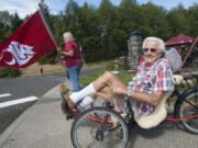 Former senator Al Bauer at an intersection where activities to welcome students to the first day of classes at Washington State University Vancouver on Aug. 24, 2015.