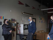 Youth of the Year Alura Kilian, 16, from left, chats with Gov. Jay Inslee and executive director Francisco Bueno during Inslee&#039;s visit to the Teen Turf club. The Boys &amp; Girls Clubs location was one of several stops Inslee made during a Friday afternoon visit to Vancouver.