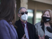 Rep. Jaime Herrera Beutler, from left, joins Dr. Alan Melnick and Mayor Anne McEnerny-Ogle as they answer questions from the press at the Tower Mall vaccination site Monday.