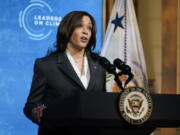 Vice President Kamala Harris speaks to the virtual Leaders Summit on Climate, from the East Room of the White House, Thursday, April 22, 2021, in Washington.