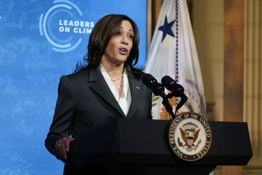 Vice President Kamala Harris speaks to the virtual Leaders Summit on Climate, from the East Room of the White House, Thursday, April 22, 2021, in Washington.