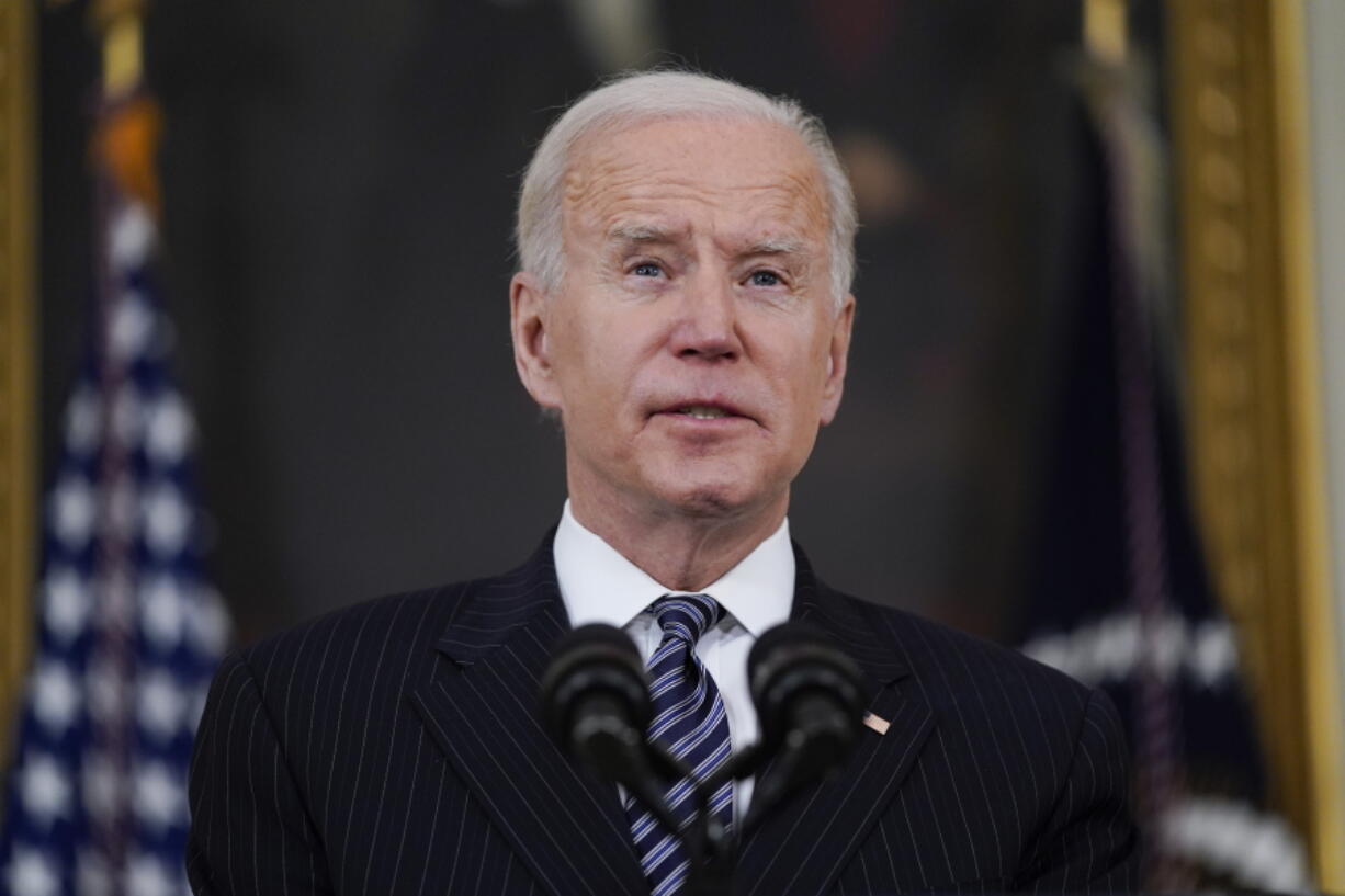 President Joe Biden delivers remarks about vaccinations, in the State Dining Room of the White House, Tuesday, April 6, 2021, in Washington.