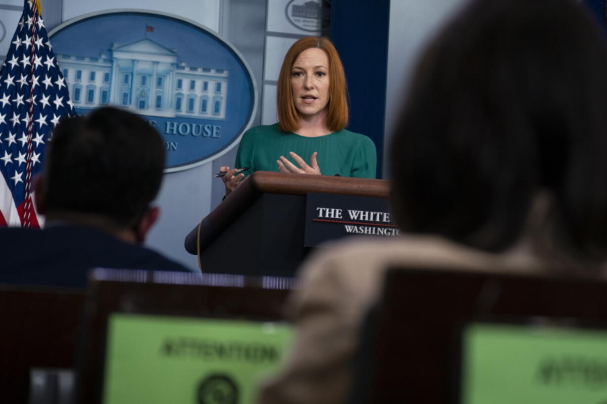 White House press secretary Jen Psaki speaks during a press briefing at the White House, Tuesday, April 27, 2021, in Washington.