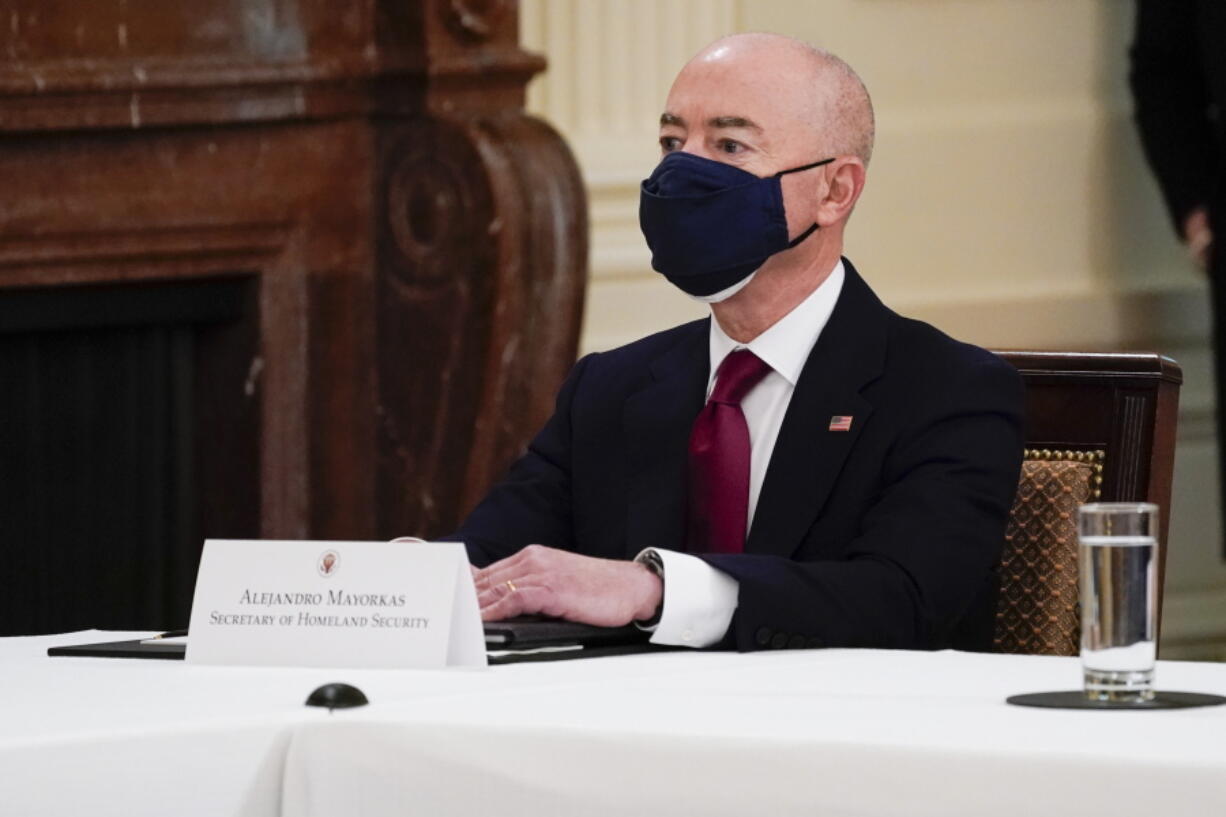 Secretary of Homeland Security Secretary Alejandro Mayorkas attends a Cabinet meeting with President Joe Biden in the East Room of the White House, Thursday, April 1, 2021, in Washington.