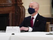 Secretary of Homeland Security Secretary Alejandro Mayorkas attends a Cabinet meeting with President Joe Biden in the East Room of the White House, Thursday, April 1, 2021, in Washington.