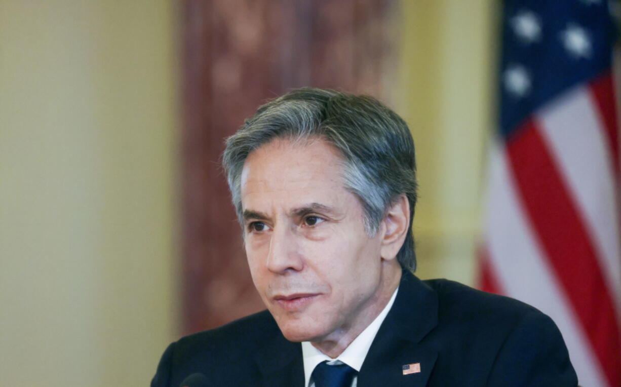 Secretary of State Antony Blinken participates in a virtual bilateral meeting with Kenyan President Uhuru Kenyatta at the State Department in Washington, Tuesday, April 27, 2021.