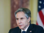 Secretary of State Antony Blinken participates in a virtual bilateral meeting with Kenyan President Uhuru Kenyatta at the State Department in Washington, Tuesday, April 27, 2021.