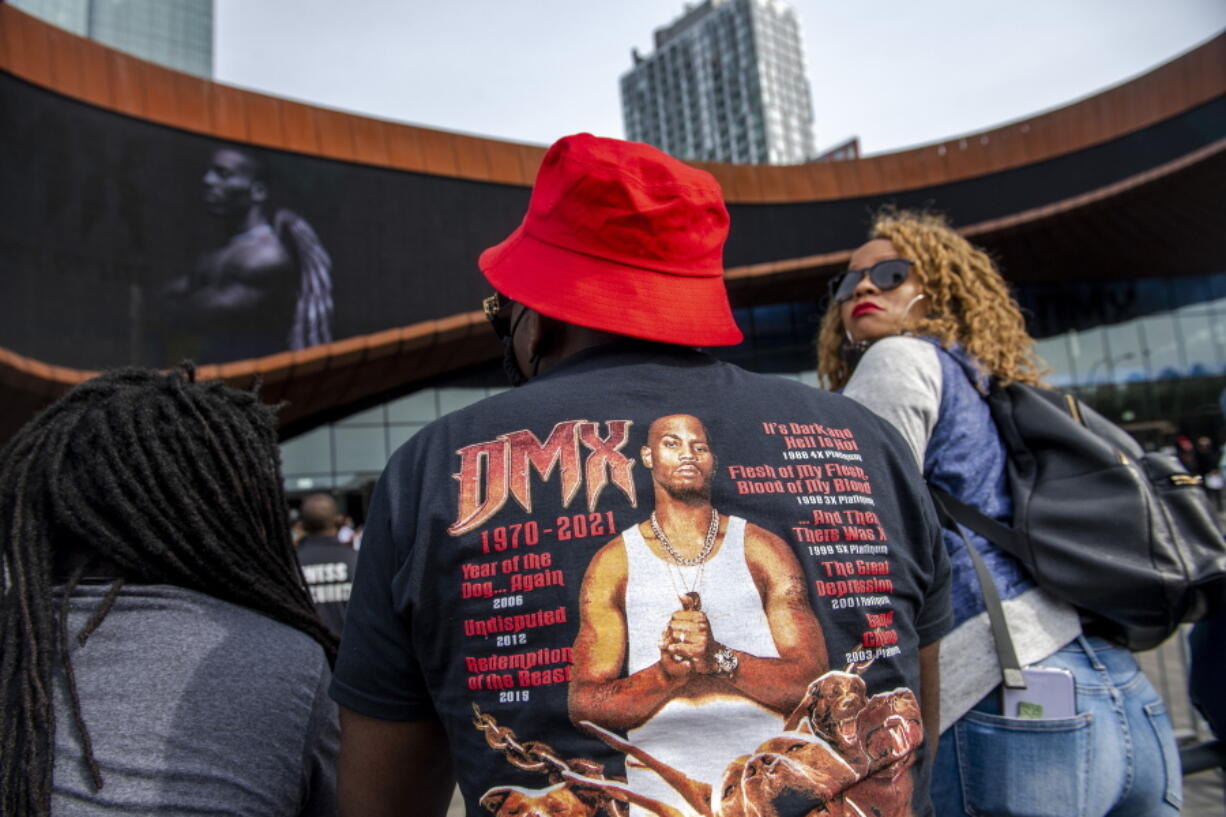 People gather for a "Celebration of Life Memorial" for rapper DMX at Barclays Center, Saturday, April. 24, 2021, in the Brooklyn borough of New York.