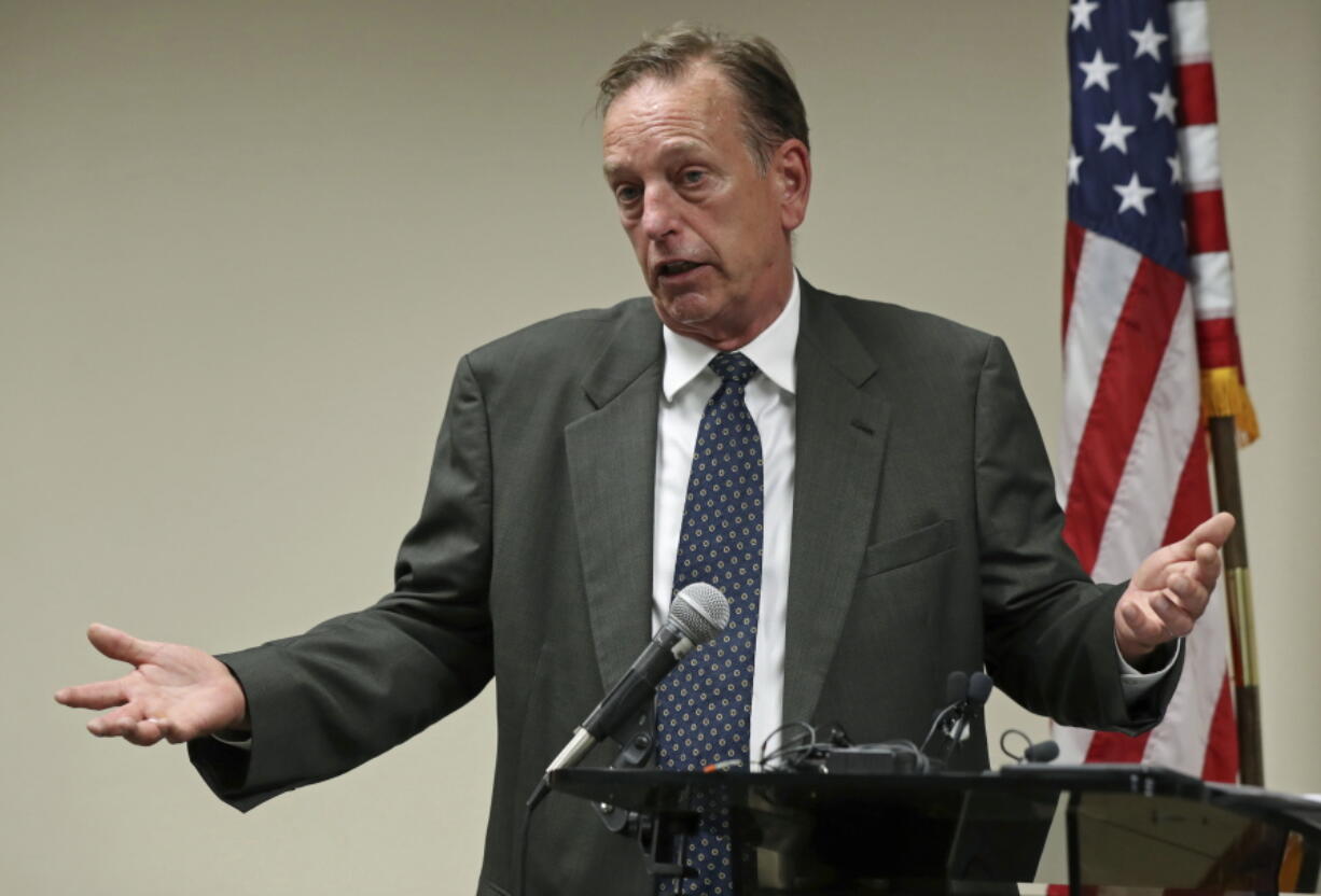 FILE - In This July 19, 2018, file photo, Washington County Attorney Pete Orput speaks in Saint Paul, Minn., during a press conference. Prosecutor Pete Orput will be handling the case against former Brooklyn Center, Minn., police Officer Kim Potter who is charged with manslaughter in the shooting death of Daunte Wright, during a traffic stop on April 11, 2021 in a Minneapolis suburb. (Shari L.