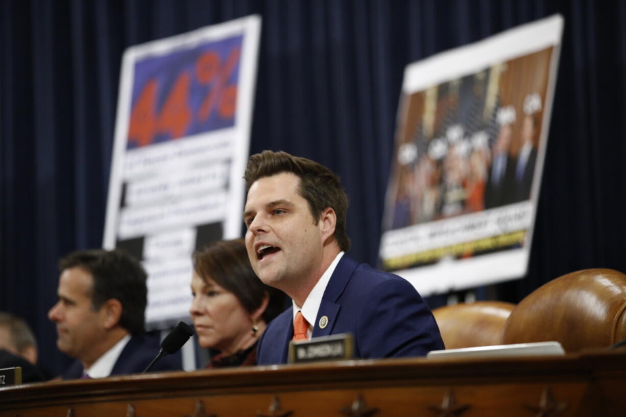 FILE - In this Dec. 11, 2019, file photo Rep. Matt Gaetz, R-Fla., gives his opening statement during a House Judiciary Committee markup of the articles of impeachment against President Donald Trump on Capitol Hill in Washington.