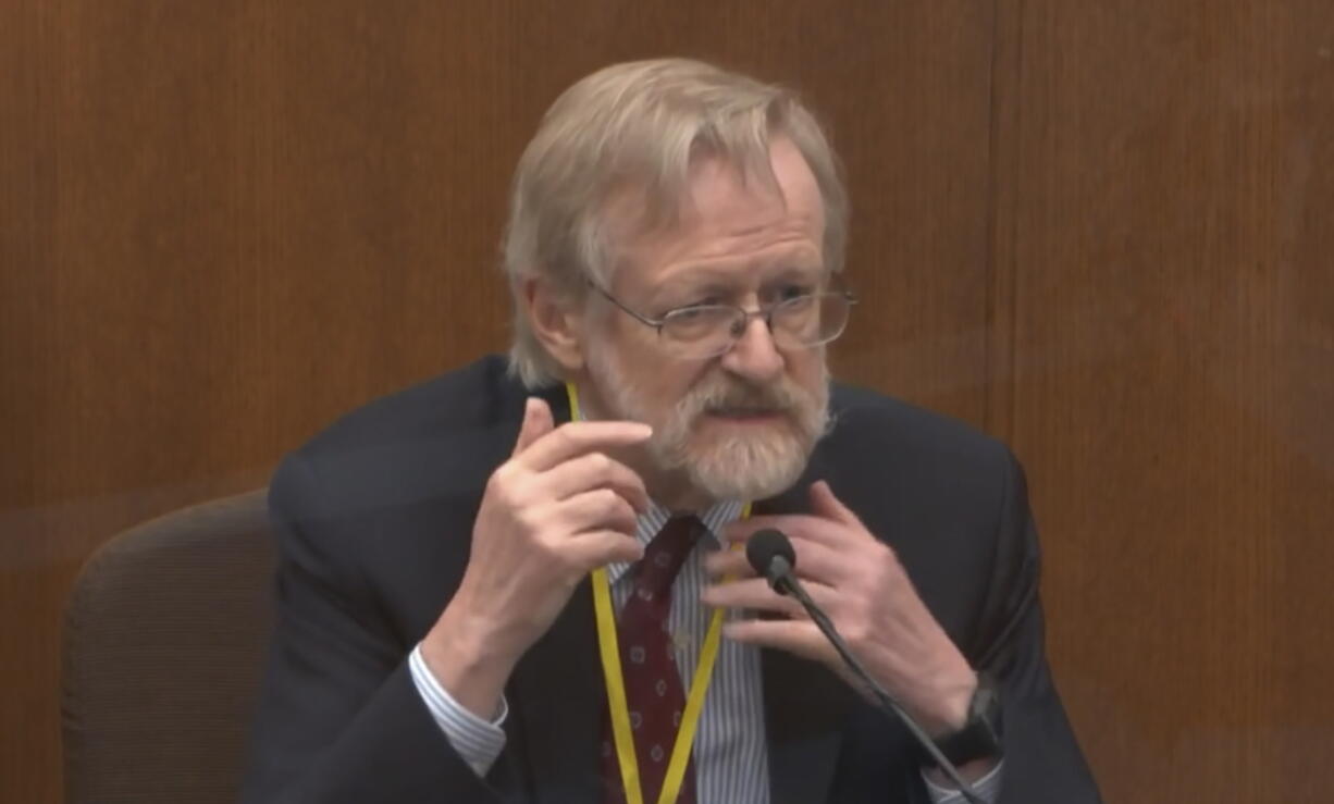 In this image from video, Dr. Martin Tobin testifies as Hennepin County Judge Peter Cahill presides Thursday, April 8, 2021, in the trial of former Minneapolis police Officer Derek Chauvin at the Hennepin County Courthouse in Minneapolis, Minn. Chauvin is charged in the May 25, 2020 death of George Floyd.