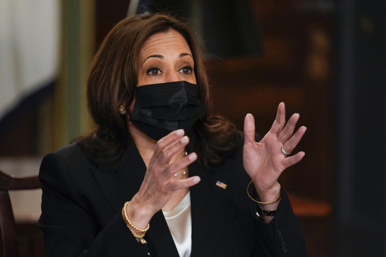 Vice President Kamala Harris speaks at a virtual meeting with outside national security experts in Vice President's ceremonial office at the Eisenhower Executive Office Building on the White House complex in Washington, Wednesday, April 14, 2021.