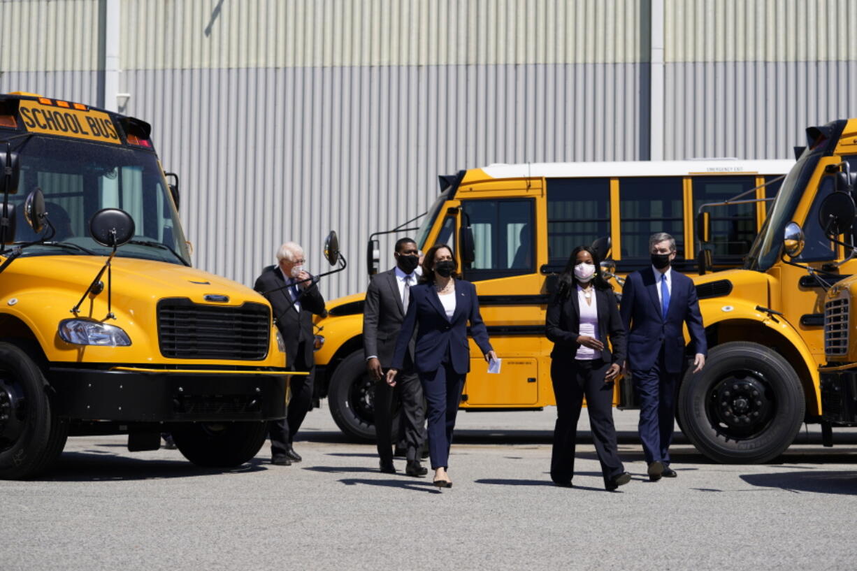 Vice President Kamala Harris tours Thomas Built Buses, Monday, April 19, 2021, in High Point, N.C. Harris is joined by EPA Administrator Michael Regan, North Carolina Gov. Roy Cooper, Leslie Kilgore Vice President of Engineering, Rep. David Price, D-NC.