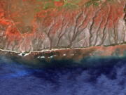 In this 2020 satellite image provided by the Arizona State University's Center for Global Discovery and Conservation Science, Allen Coral Atlas, runoff from the island of Molokai in Hawaii flows into the ocean. Recent flooding in Hawaii caused widespread and obvious damage. But extreme regional rain events that are predicted to become more common with global warming do not only wreak havoc on land, the runoff from these increasingly severe storms is also threatening Hawaii's coral reefs.