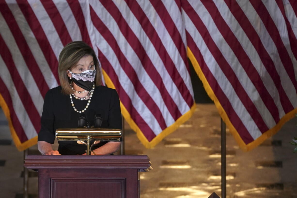 House Speaker Nancy Pelosi of Calif., speaks during a Celebration of Life for Rep. Alcee Hastings, D-Fla., in Statuary Hall on Capitol Hill in Washington, Wednesday, April 21, 2021. Hastings died earlier this month, aged 84, following a battle with pancreatic cancer.