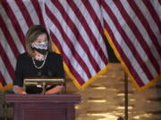 House Speaker Nancy Pelosi of Calif., speaks during a Celebration of Life for Rep. Alcee Hastings, D-Fla., in Statuary Hall on Capitol Hill in Washington, Wednesday, April 21, 2021. Hastings died earlier this month, aged 84, following a battle with pancreatic cancer.