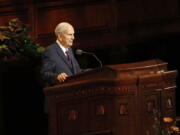 FILE - In this Oct. 5, 2019 file photo, President Russell M. Nelson speaks during The Church of Jesus Christ of Latter-day Saints&#039; twice-annual church conference  in Salt Lake City.  For the third consecutive time, The Church of Jesus Christ of Latter-day Saints will hold its signature conference this weekend without attendees in person as the faith continues to take precautions amid the pandemic.  Members of the Utah-based faith will instead watch on TVs, computers and tablets from their homes around the world Saturday, April 3, 2021 to hear spiritual guidance from the religion&#039;s top leaders, who will be delivering the speeches in Salt Lake City.