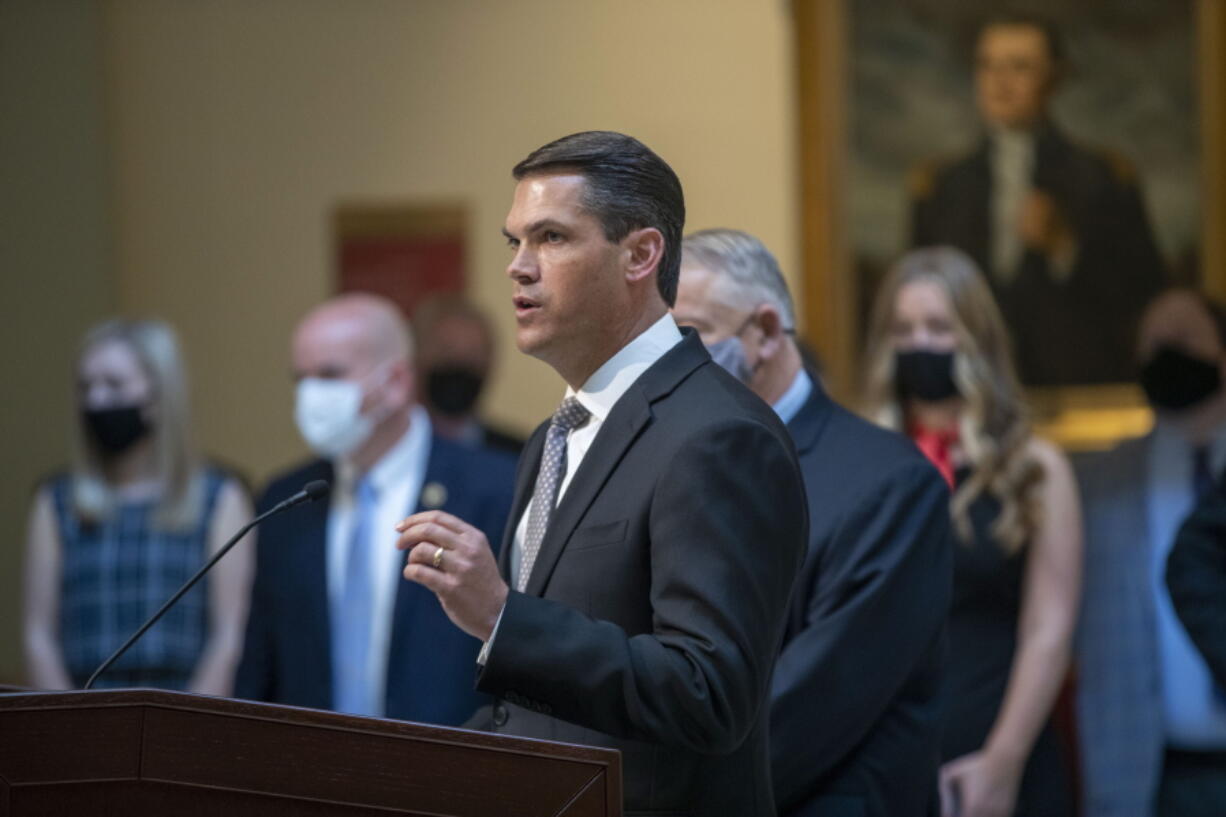 Lt. Gov. Geoff Duncan speaks during a news conference held by Gov. Brian Kemp at the Georgia State Capitol in Atlanta, Monday, March 22, 2021.