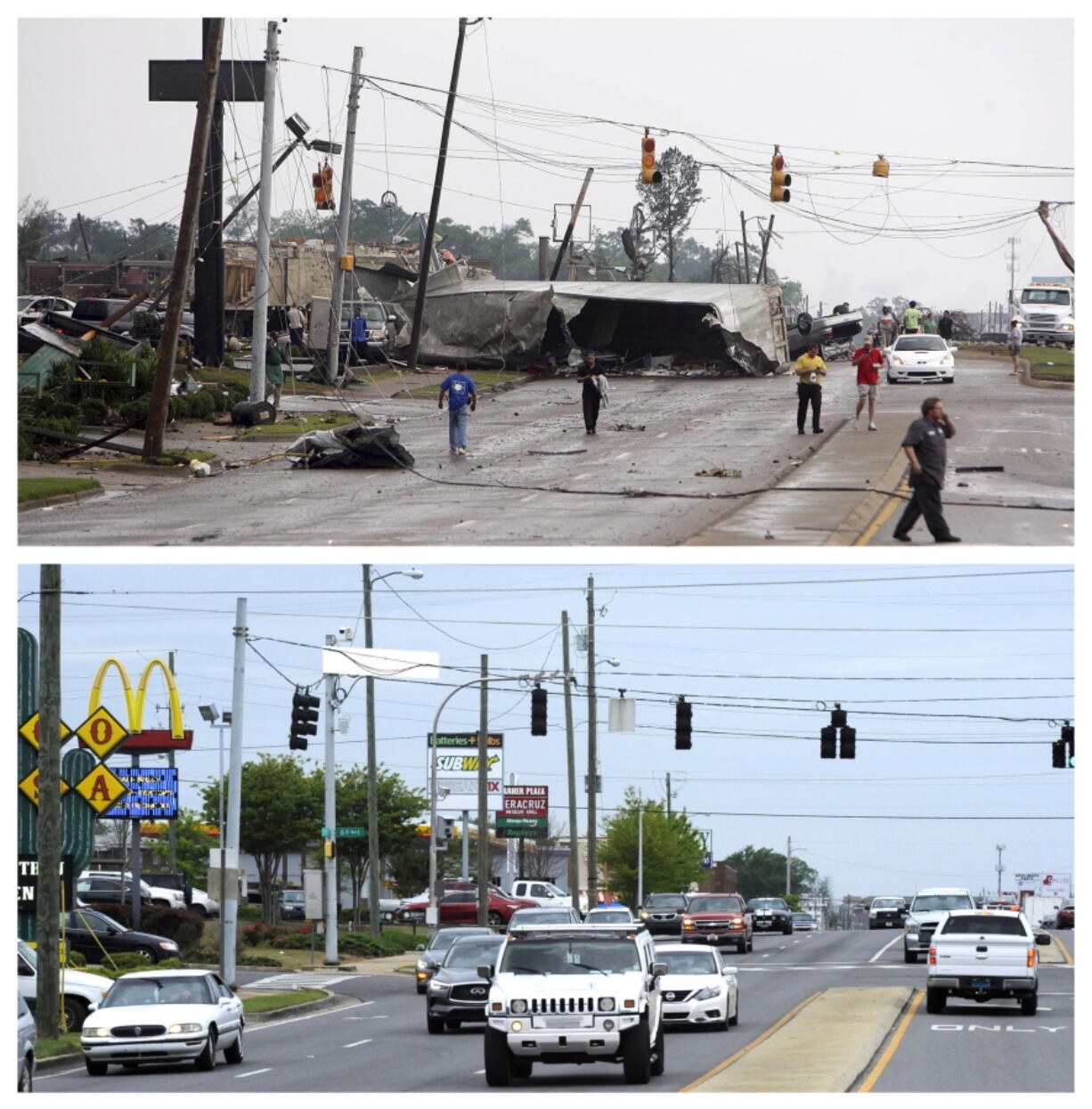 This combination of April 27, 2011 and April 14, 2021 photos shows 15th Street in Tuscaloosa, Ala., after a tornado ripped through the area and the same street a decade later. The storm was part of an outbreak of severe weather that killed more than 320 people across six states in 2011.