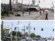 This combination of April 27, 2011 and April 14, 2021 photos shows 15th Street in Tuscaloosa, Ala., after a tornado ripped through the area and the same street a decade later. The storm was part of an outbreak of severe weather that killed more than 320 people across six states in 2011.