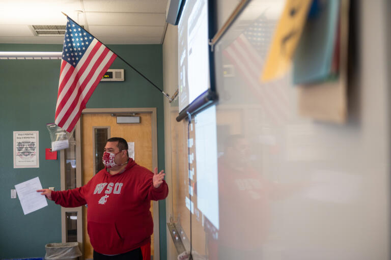 Craig Hardin teaches a calculus class at Camas High School on Monday, April 19, 2021. Camas returned to four-day-a-week in-person instruction on Monday.