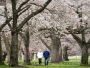 FILE - In this April 2, 2021, file photo, Janet Nemec, left, celebrates receiving her second vaccination dose with her husband Dale with a walk beneath blossoming trees along Kelly Drive in Philadelphia. Nearly half of new coronavirus infections nationwide are in just five states, including Pennsylvania - a situation that puts pressure on the federal government to consider changing how it distributes vaccines by sending more doses to hot spots.