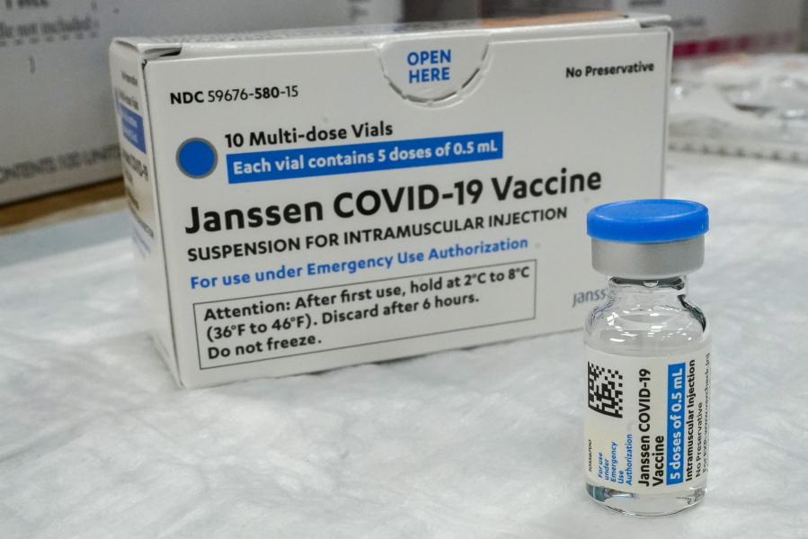 FILE - In this Thursday, April 8, 2021 file photo, the Johnson &amp; Johnson COVID-19 vaccine sits on a table at a pop up vaccinations site the Albanian Islamic Cultural Center,  in the Staten Island borough of New York. The U.S. is recommending a &quot;pause&quot; in administration of the single-dose Johnson &amp; Johnson COVID-19 vaccine to investigate reports of potentially dangerous blood clots.