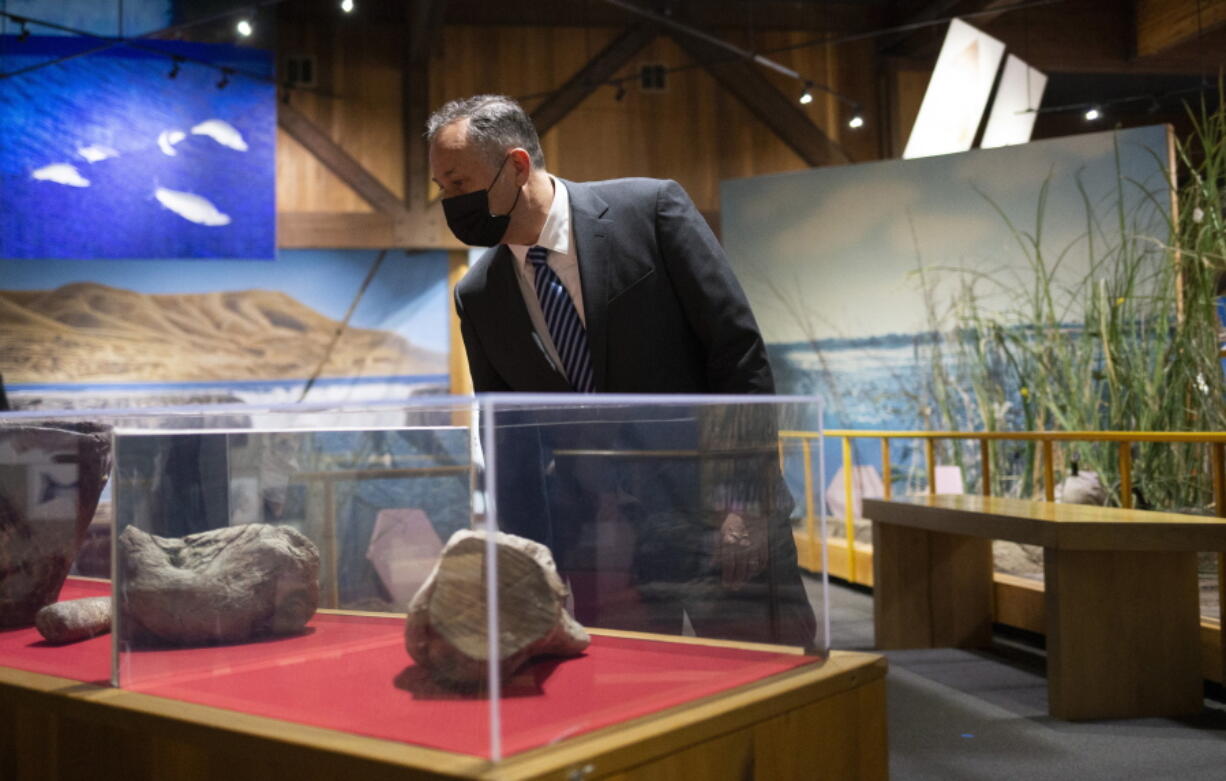 Second Gentleman Douglas Emhoff tours the Yakama Nation Cultural Center Tuesday, April 6, 2021, in Toppenish in Yakima County, Wash.