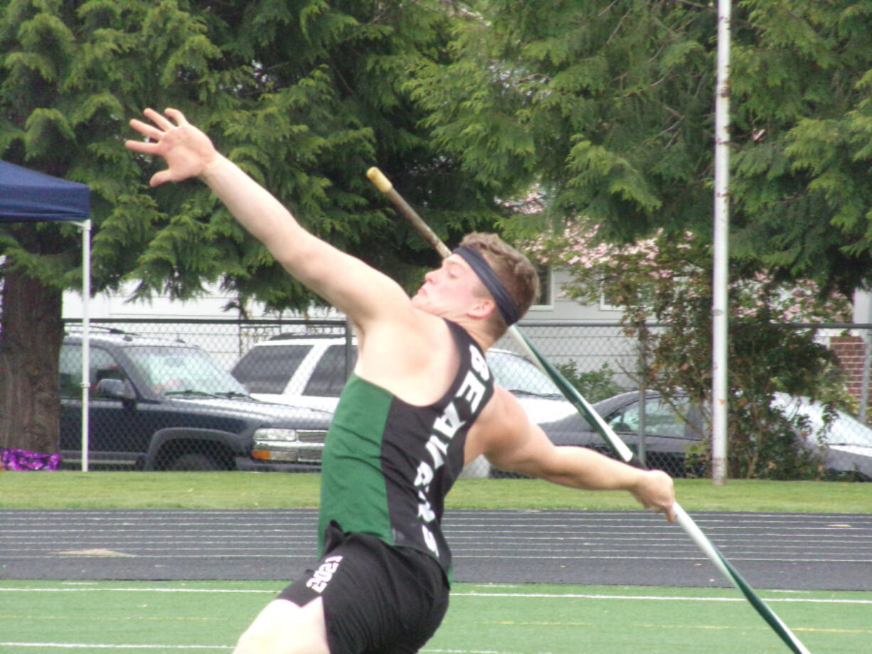 Jason Bowman of Woodland released the javelin on his winning mark of 187 feet, 11 inches at the 2A district track and field meet at Washougal High.