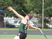 Jason Bowman of Woodland released the javelin on his winning mark of 187 feet, 11 inches at the 2A district track and field meet at Washougal High.