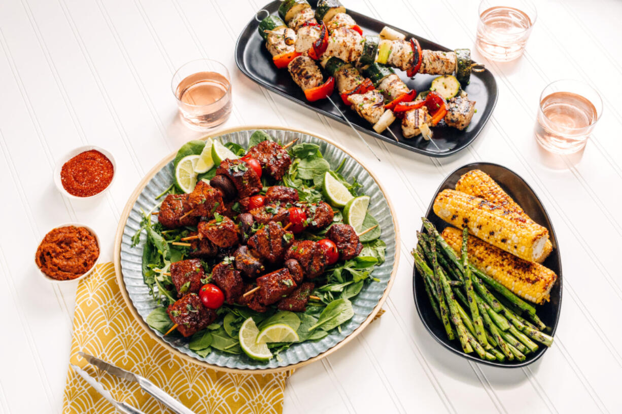 Turkey and Vegetable Kebabs and Smoky Beef and Mushroom Kebabs.