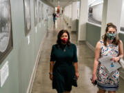 Rep. Norma Torres (D-CA) walks with staffer Leah Carey in the House Office Building Subway to a briefing on Capitol Hill in Washington, D.C., on April 20, 2021.