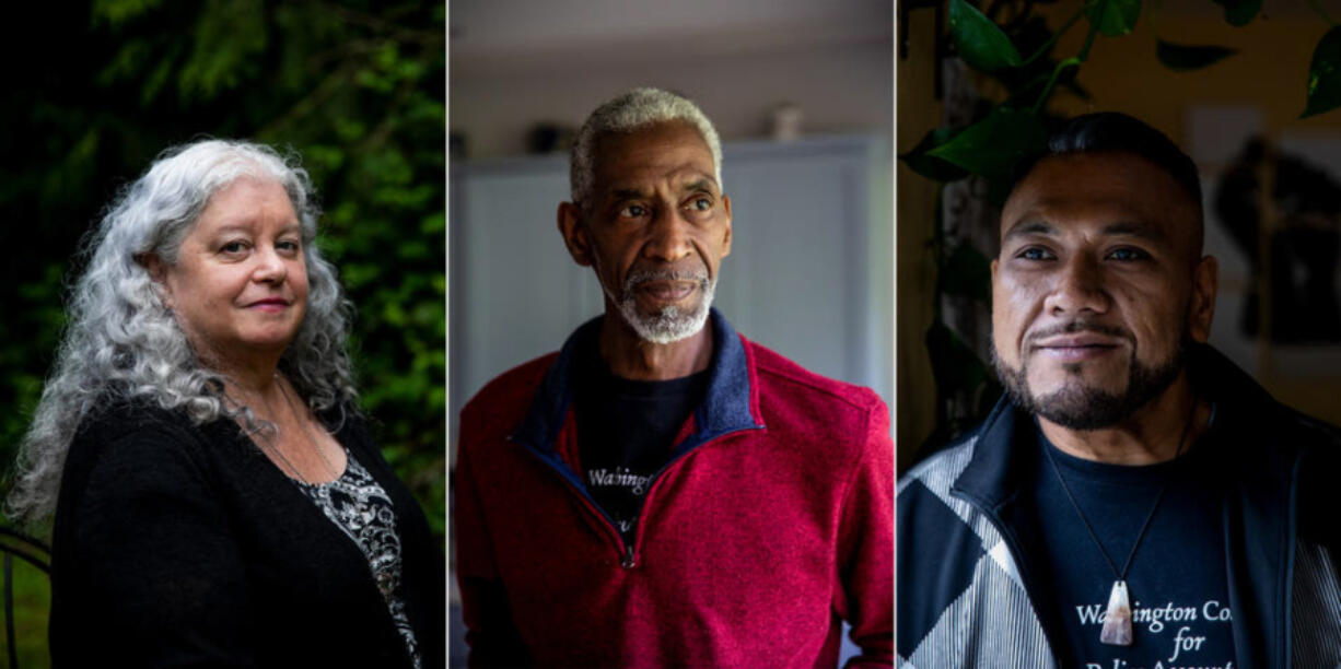 From left: Elaine Simons, the foster mother of Jesse Sarey, Fred Thomas, the father of Leonard Thomas, and Po Leapai, the cousin of Iosia Faletogo.